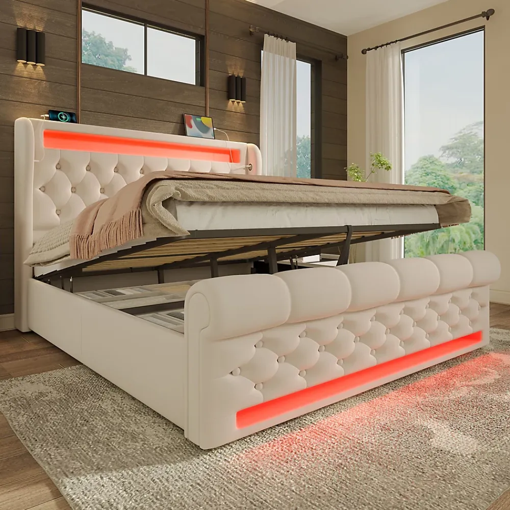 Redom Canapé-lit 160x200 cm convertible avec rangement hydraulique, éclairage LED intégré et station USB/Type-C en velours beige* Lit Coffre