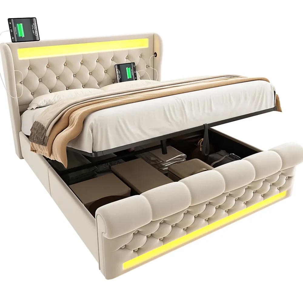 Redom Canapé-lit 160x200 cm convertible avec rangement hydraulique, éclairage LED intégré et station USB/Type-C en velours beige* Lit Coffre