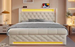 Redom Canapé-lit 160x200 cm convertible avec rangement hydraulique, éclairage LED intégré et station USB/Type-C en velours beige* Lit Coffre