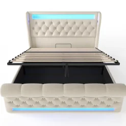Redom Canapé-lit 160x200 cm convertible avec rangement hydraulique, éclairage LED intégré et station USB/Type-C en velours beige* Lit Coffre