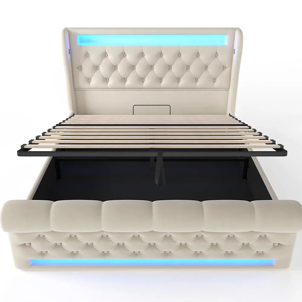 Redom Canapé-lit 160x200 cm convertible avec rangement hydraulique, éclairage LED intégré et station USB/Type-C en velours beige* Lit Coffre