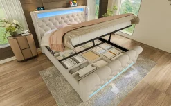 Redom Canapé-lit 160x200 cm convertible avec rangement hydraulique, éclairage LED intégré et station USB/Type-C en velours beige* Lit Coffre