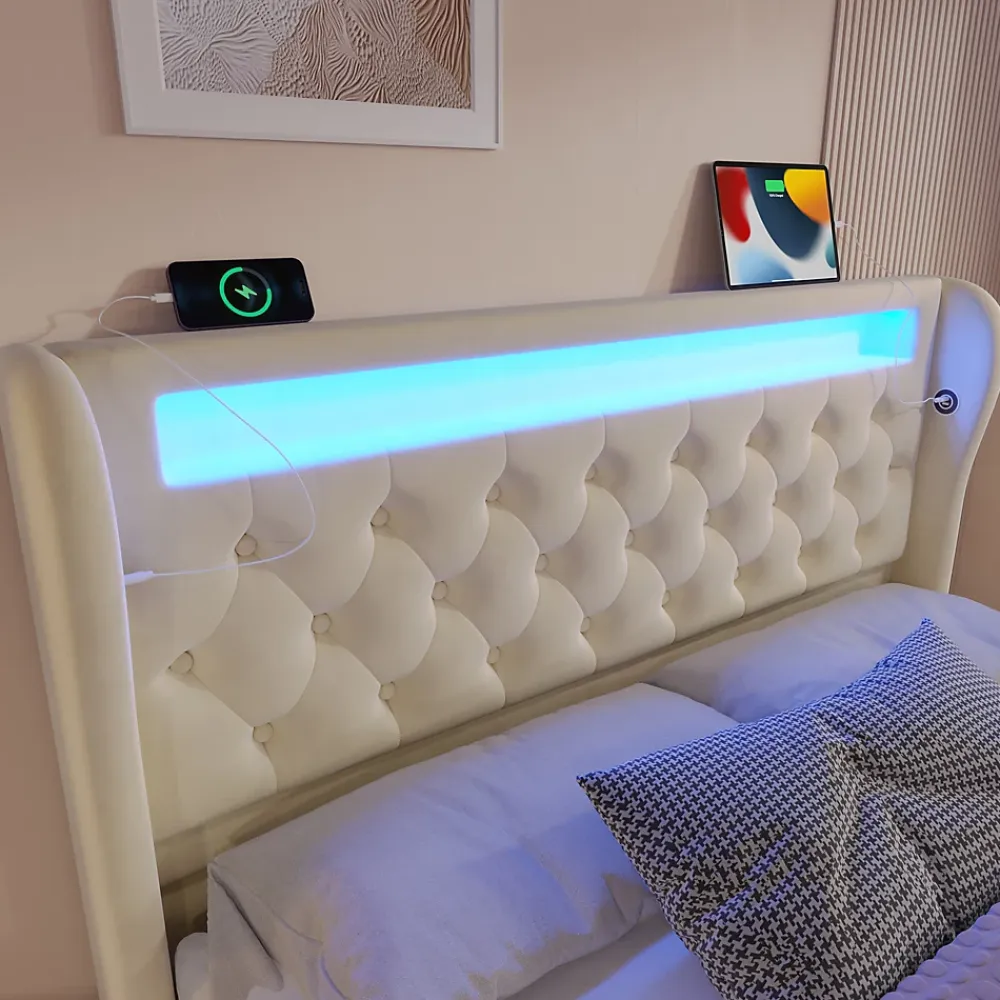 Redom Canapé-lit 160x200 cm convertible avec rangement hydraulique, éclairage LED intégré et station USB/Type-C en velours beige* Lit Coffre