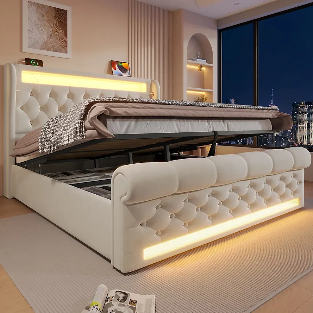 Redom Canapé-lit 160x200 cm convertible avec rangement hydraulique, éclairage LED intégré et station USB/Type-C en velours beige* Lit Coffre
