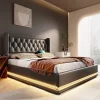 Redom Canapé-lit 140x200 cm convertible coffre hydraulique, LED 3 côtés, tête de lit USB-C, simili cuir noir* Lit Coffre