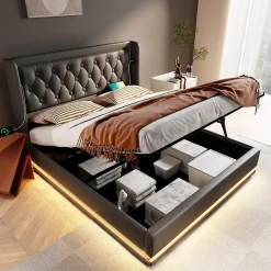 Redom Canapé-lit 140x200 cm convertible coffre hydraulique, LED 3 côtés, tête de lit USB-C, simili cuir noir* Lit Coffre