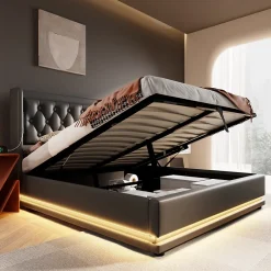 Redom Canapé-lit 140x200 cm convertible coffre hydraulique, LED 3 côtés, tête de lit USB-C, simili cuir noir* Lit Coffre