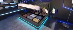 Redom Canapé-lit 140x200 cm convertible coffre hydraulique, LED 3 côtés, tête de lit USB-C, simili cuir noir* Lit Coffre