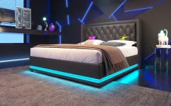 Redom Canapé-lit 140x200 cm convertible coffre hydraulique, LED 3 côtés, tête de lit USB-C, simili cuir noir* Lit Coffre