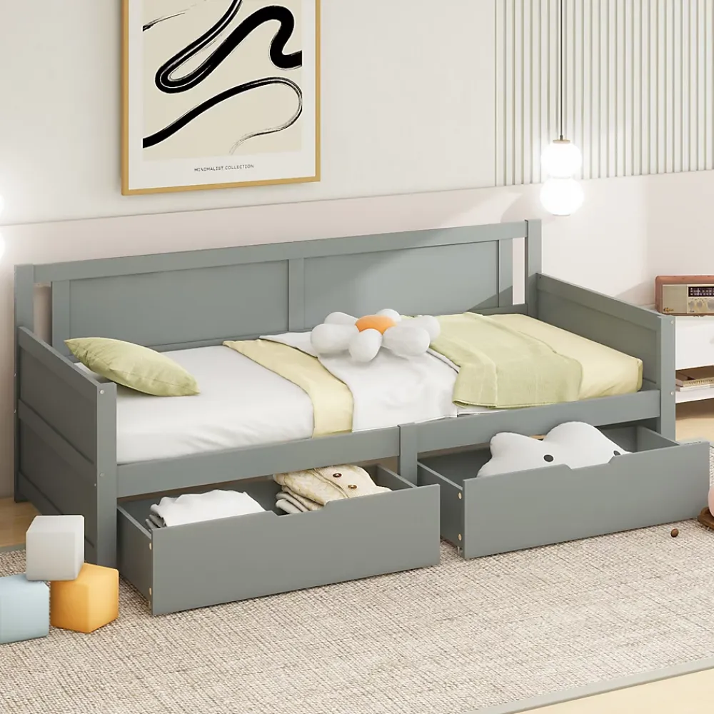 Redom Canapé-lit 90x200 cm en bois massif avec deux étagères structure solide gris* Lit Avec Rangement