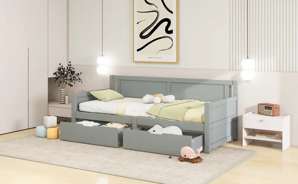 Redom Canapé-lit 90x200 cm en bois massif avec deux étagères structure solide gris* Lit Avec Rangement
