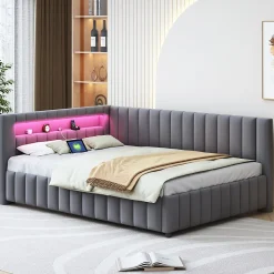 Canapé-lit 140x200 cm en L convertible, revêtement velours gris, bande LED changeante et port USB, cadre lattenrost robuste>Redom Outlet