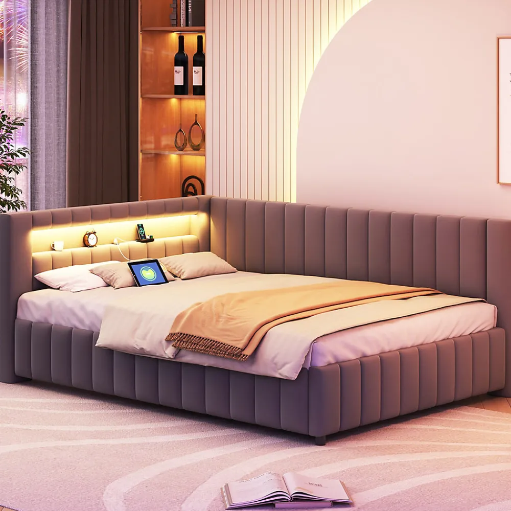 Canapé-lit 140x200 cm en L convertible, revêtement velours gris, bande LED changeante et port USB, cadre lattenrost robuste>Redom Outlet