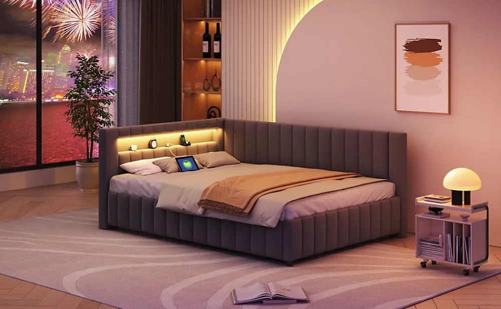 Canapé-lit 140x200 cm en L convertible, revêtement velours gris, bande LED changeante et port USB, cadre lattenrost robuste>Redom Outlet