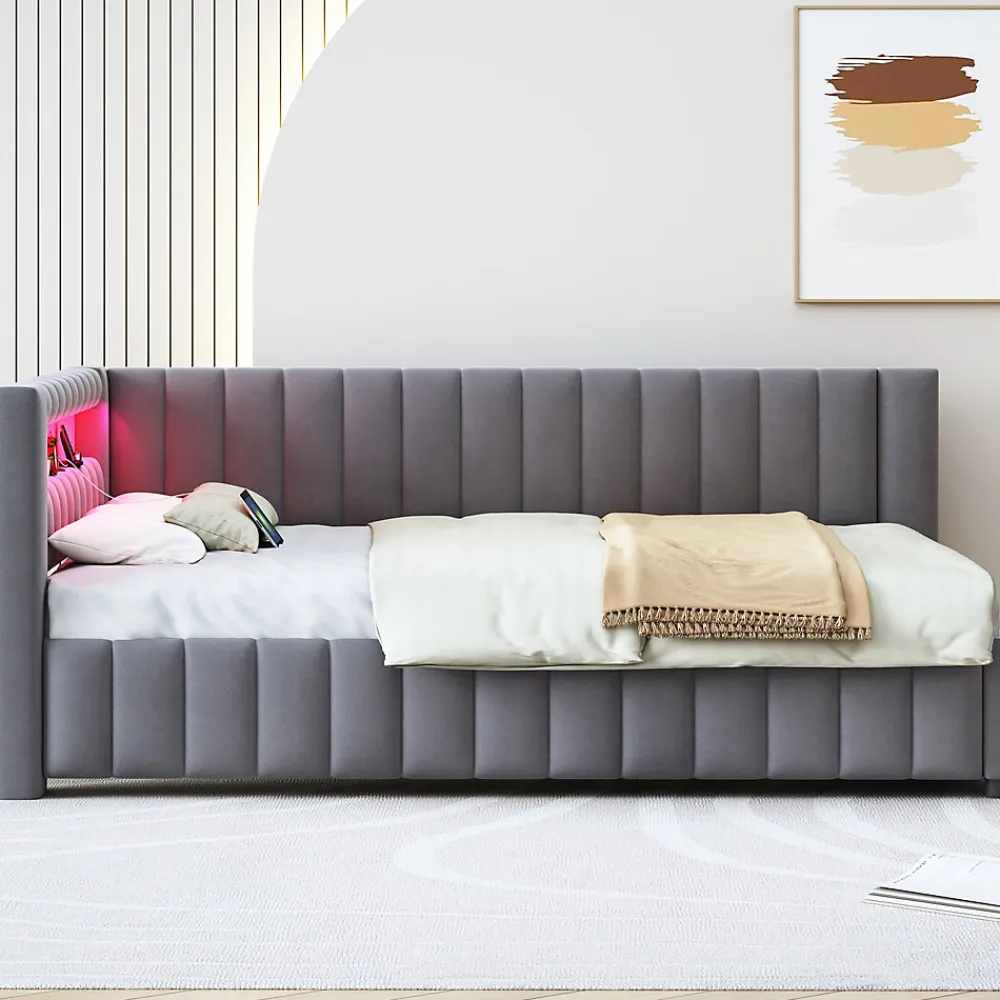 Canapé-lit 140x200 cm en L convertible, revêtement velours gris, bande LED changeante et port USB, cadre lattenrost robuste>Redom Outlet