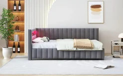 Canapé-lit 140x200 cm en L convertible, revêtement velours gris, bande LED changeante et port USB, cadre lattenrost robuste><noscript><img width=