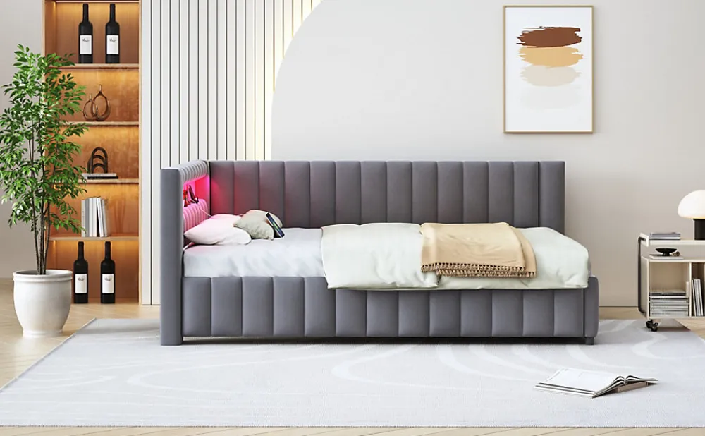 Canapé-lit 140x200 cm en L convertible, revêtement velours gris, bande LED changeante et port USB, cadre lattenrost robuste>Redom Outlet