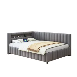 Canapé-lit 140x200 cm en L convertible, revêtement velours gris, bande LED changeante et port USB, cadre lattenrost robuste><noscript><img width=