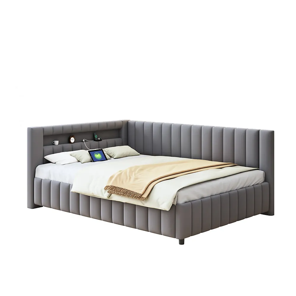 Canapé-lit 140x200 cm en L convertible, revêtement velours gris, bande LED changeante et port USB, cadre lattenrost robuste>Redom Outlet