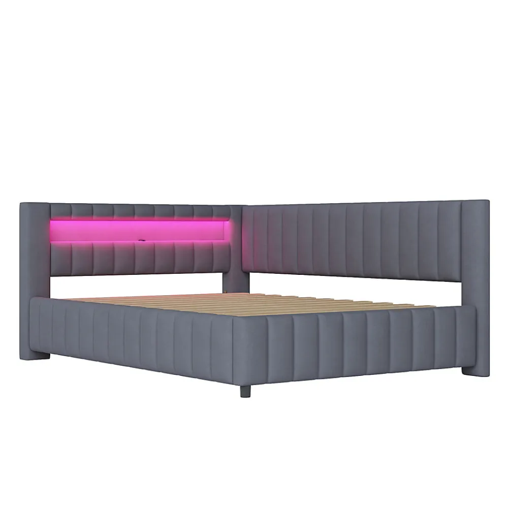 Canapé-lit 140x200 cm en L convertible, revêtement velours gris, bande LED changeante et port USB, cadre lattenrost robuste>Redom Outlet