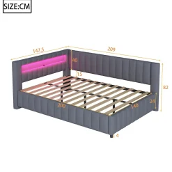 Canapé-lit 140x200 cm en L convertible, revêtement velours gris, bande LED changeante et port USB, cadre lattenrost robuste><noscript><img width=