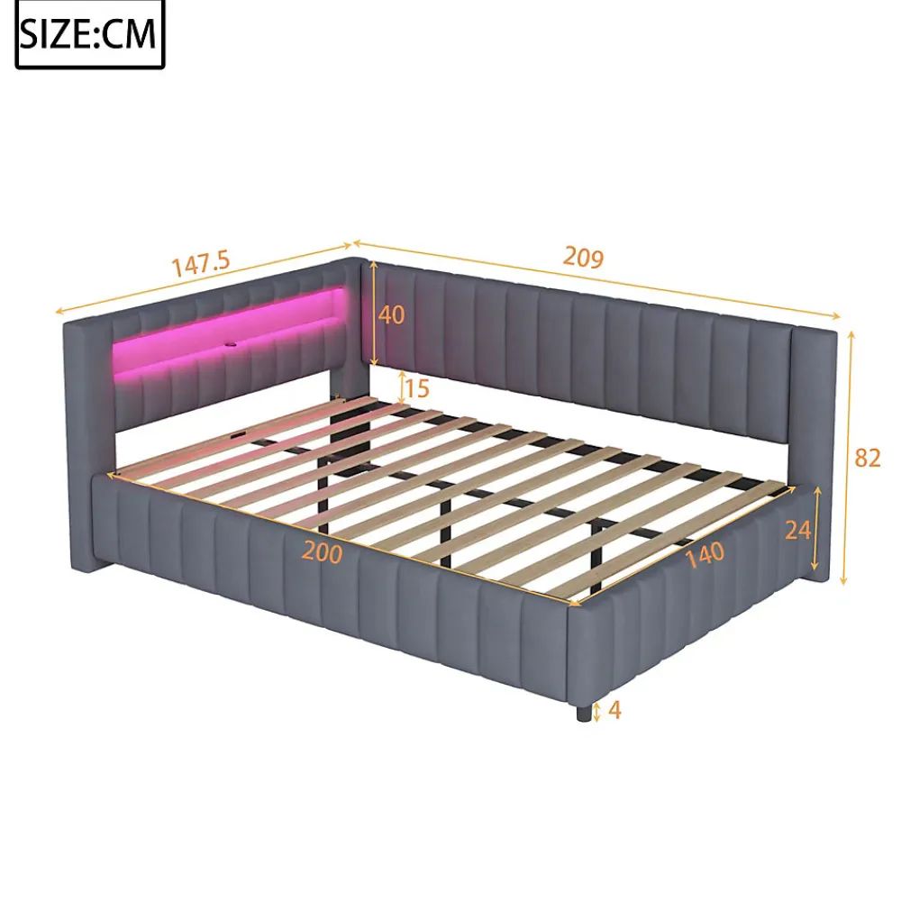 Canapé-lit 140x200 cm en L convertible, revêtement velours gris, bande LED changeante et port USB, cadre lattenrost robuste>Redom Outlet