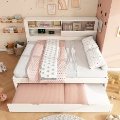 Canapé-lit 140x190cm - lit gigogne - USB et Type-C - rangements - blanc (matelas non inclus)>ModernLuxe