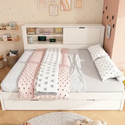 Canapé-lit 140x190cm - lit gigogne - USB et Type-C - rangements - blanc (matelas non inclus)><noscript><img width=
