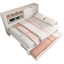 Canapé-lit 140x190cm - lit gigogne - USB et Type-C - rangements - blanc (matelas non inclus)><noscript><img width=