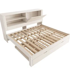 Canapé-lit 140x190cm - lit gigogne - USB et Type-C - rangements - blanc (matelas non inclus)><noscript><img width=