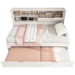 ModernLuxe Canapé-lit 90x190cm - lit gigogne - USB et Type-C - rangements - blanc (matelas non inclus)* Lit Gigogne