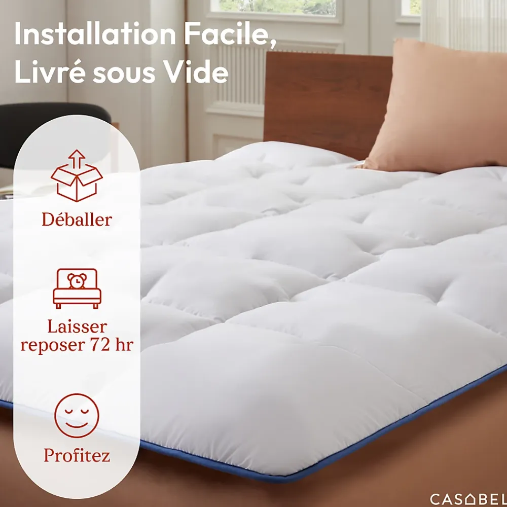 Casabel surmatelas enveloppant 140x200 cm en microfibre respirante, ultra moelleux, anti-acariens, avec liseré bleu* Surmatelas