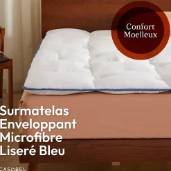 Casabel surmatelas enveloppant 160x200 cm en microfibre respirante, ultra moelleux, anti-acariens, avec liseré bleu* Surmatelas