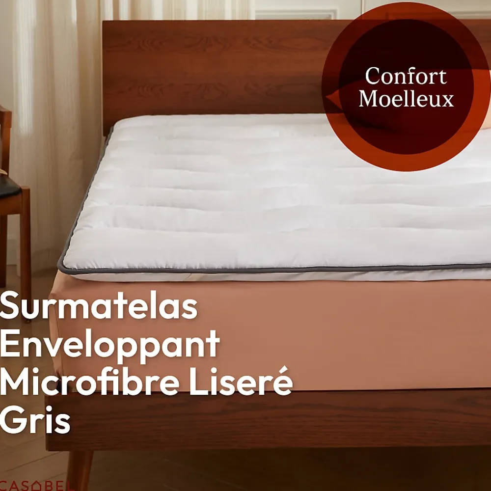 Casabel Surmatelas 80x200 cm en Microfibre Rerspirante, Ultra Moelleux, Anti-Acariens, Liseré Gris, Idéal Matelas 2 places* Surmatelas