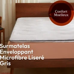Casabel Surmatelas 160x200 cm en Microfibre Rerspirante, Ultra Moelleux, Anti-Acariens, Liseré Gris, Idéal Matelas 2 places* Surmatelas