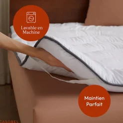 Casabel Surmatelas 160x200 cm en Microfibre Rerspirante, Ultra Moelleux, Anti-Acariens, Liseré Gris, Idéal Matelas 2 places* Surmatelas