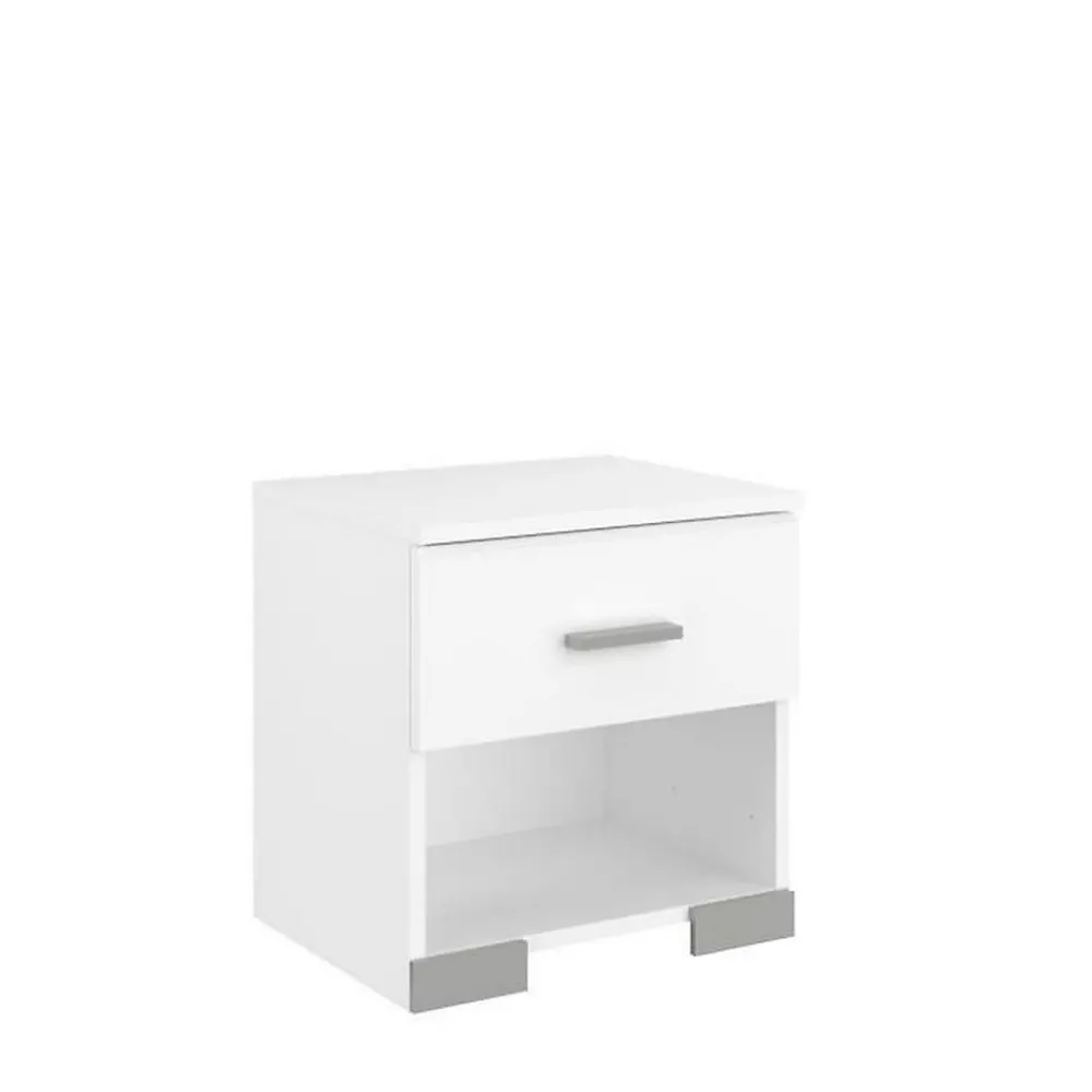 Parisot Chambre complete BOSTON : Lit adulte 140x190 + Commode + 1 Chevet - Décor blanc - Fabriqué en France* Ensemble Sommier Et Matelas