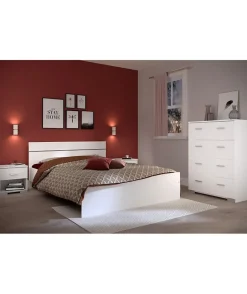 Parisot Chambre complete BOSTON : Lit adulte 140x190 + Commode + 1 Chevet - Décor blanc - Fabriqué en France* Ensemble Sommier Et Matelas