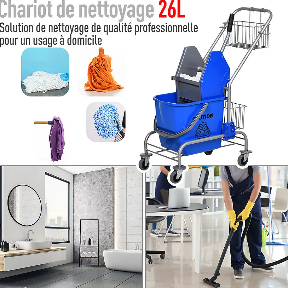 Chariot de lavage chariot de nettoyage professionnel en acier presse à mâchoire seau + rangements bleu>Homcom Best