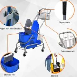 Chariot de lavage chariot de nettoyage professionnel en acier presse à mâchoire seau + rangements bleu><noscript><img width=