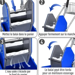 Chariot de lavage chariot de nettoyage professionnel en acier presse à mâchoire seau + rangements bleu><noscript><img width=