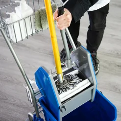 Chariot de lavage chariot de nettoyage professionnel en acier presse à mâchoire seau + rangements bleu><noscript><img width=