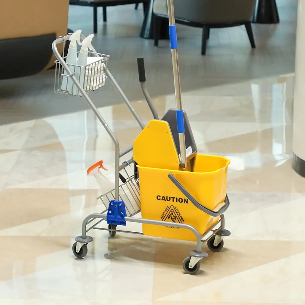 Chariot de lavage chariot de nettoyage professionnel en acier presse à mâchoire seau + rangements jaune>Homcom Hot