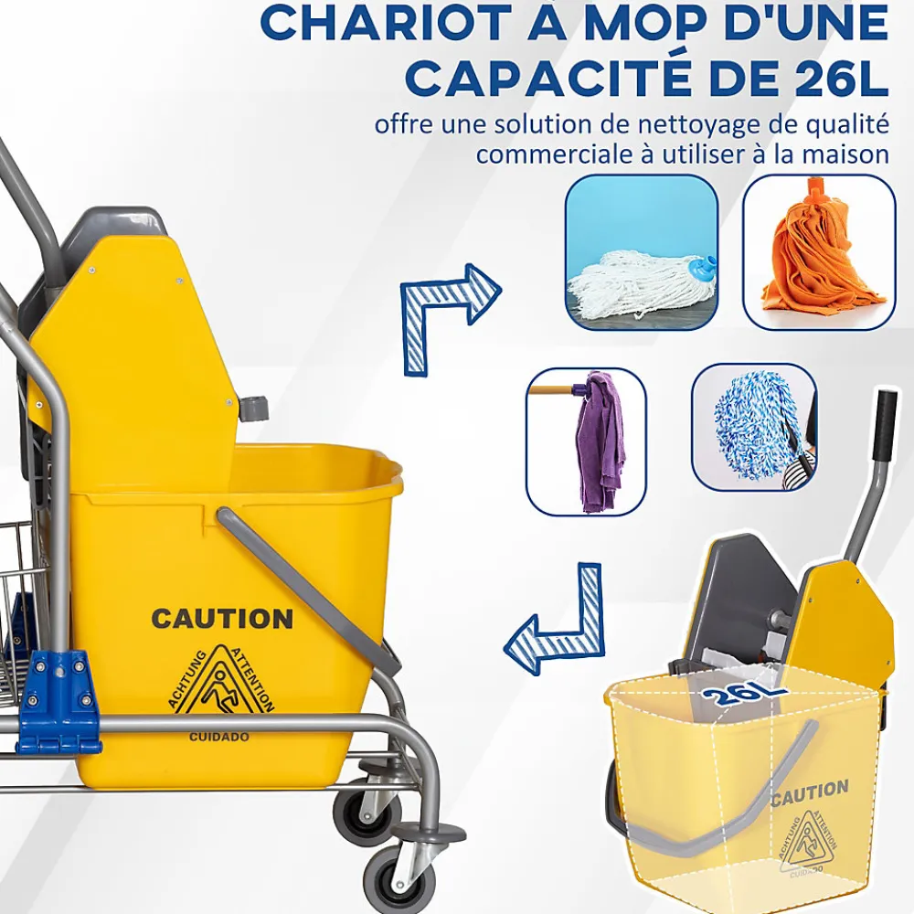 Chariot de lavage chariot de nettoyage professionnel en acier presse à mâchoire seau + rangements jaune>Homcom Hot