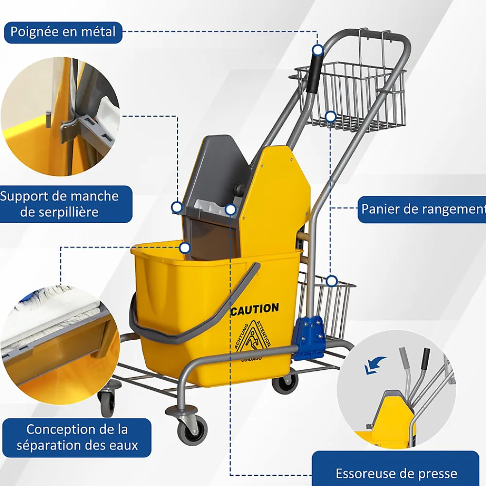 Chariot de lavage chariot de nettoyage professionnel en acier presse à mâchoire seau + rangements jaune>Homcom Hot