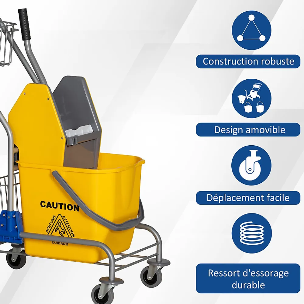 Chariot de lavage chariot de nettoyage professionnel en acier presse à mâchoire seau + rangements jaune>Homcom Hot
