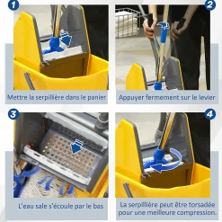 Chariot de lavage chariot de nettoyage professionnel en acier presse à mâchoire seau + rangements jaune><noscript><img width=