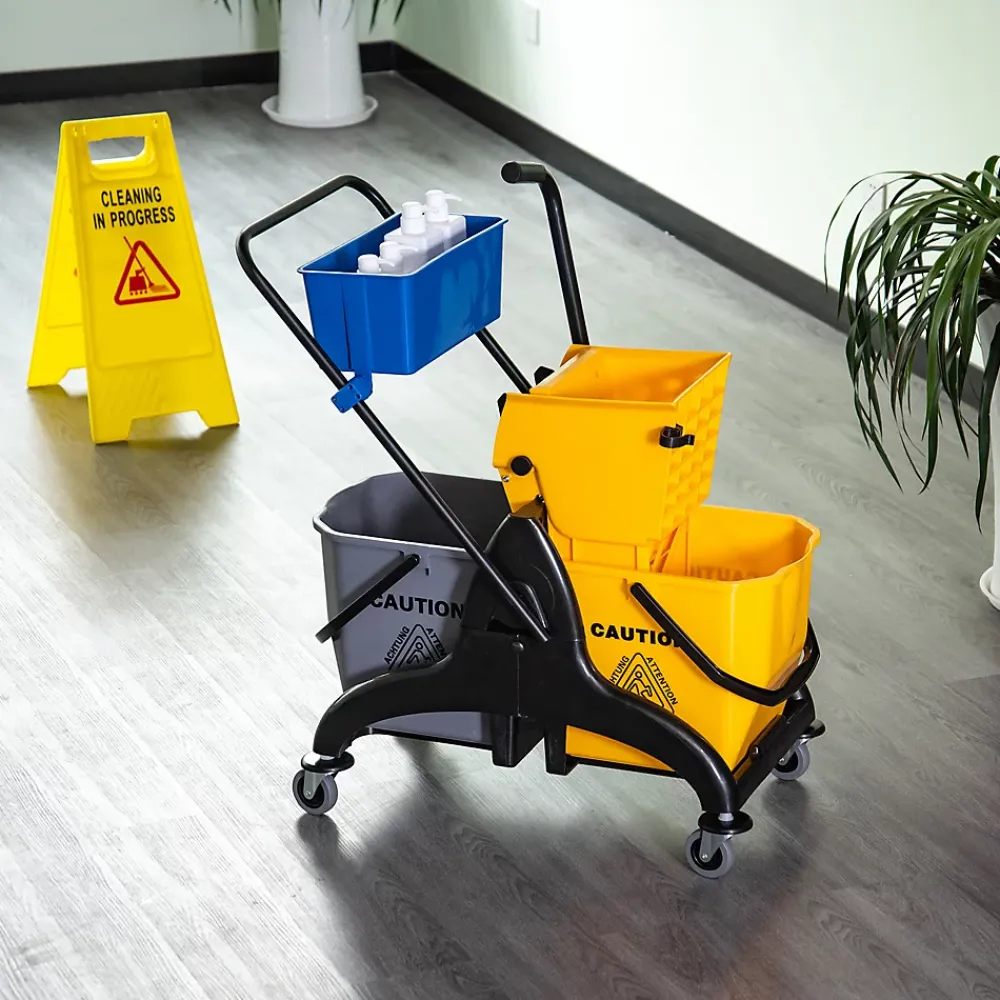 Homcom Chariot de lavage chariot de nettoyage professionnel presse à mâchoire 2 seaux + rangement jaune bleu* Seau, Bassine, Récipient De Ménage