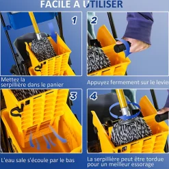 Homcom Chariot de lavage chariot de nettoyage professionnel presse à mâchoire 2 seaux + rangement jaune bleu* Seau, Bassine, Récipient De Ménage