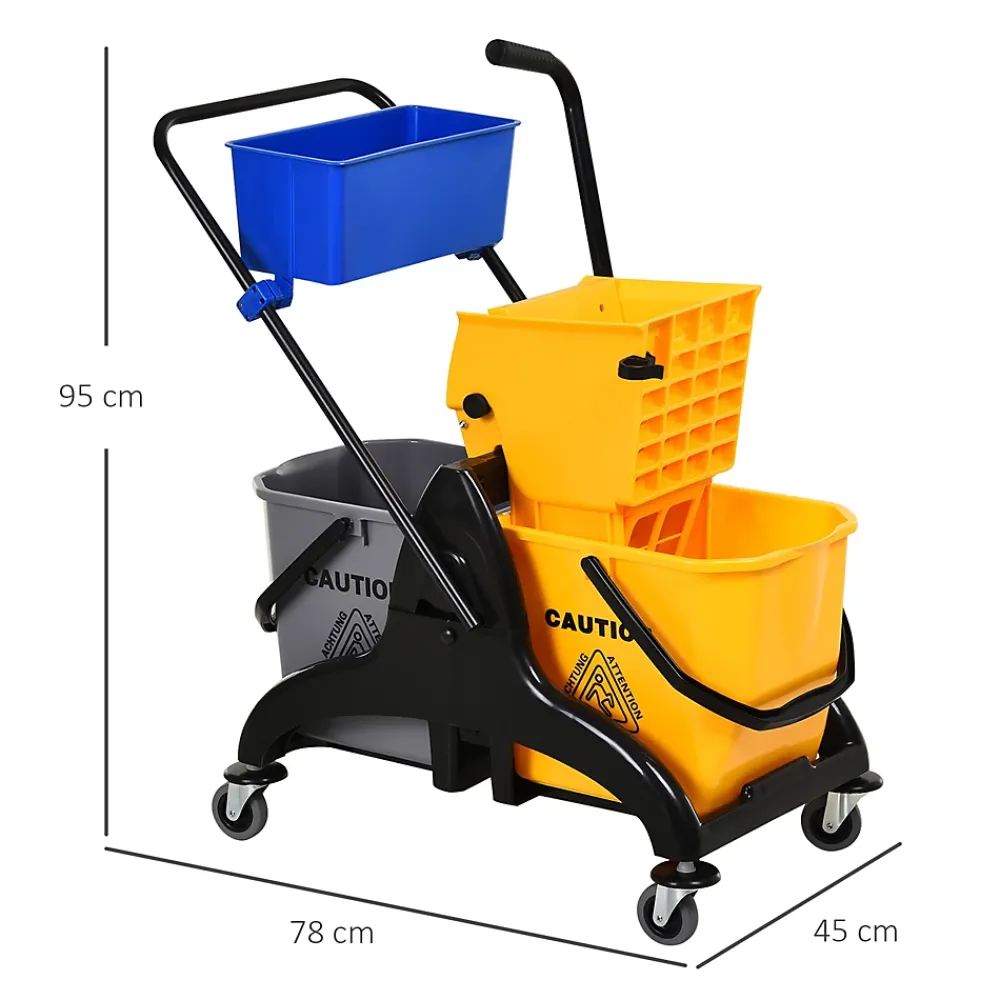 Homcom Chariot de lavage chariot de nettoyage professionnel presse à mâchoire 2 seaux + rangement jaune bleu* Seau, Bassine, Récipient De Ménage